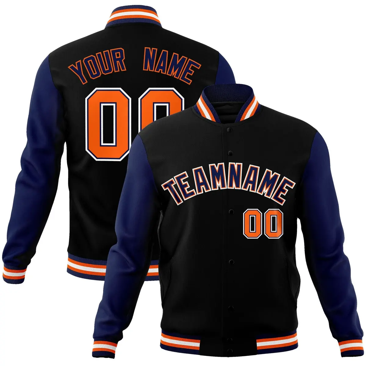 Black Navy-Orange Raglan Varsity Full-Snap Letterman Jacket