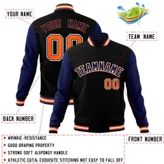 Black Navy-Orange Raglan Varsity Full-Snap Letterman Jacket 4