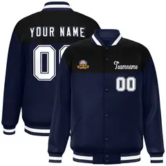 Black Navy-White Color Block Full-Snap Varsity Letterman Jacket
