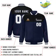 Black Navy-White Color Block Full-Snap Varsity Letterman Jacket 2