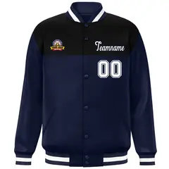 Black Navy-White Color Block Full-Snap Varsity Letterman Jacket 3