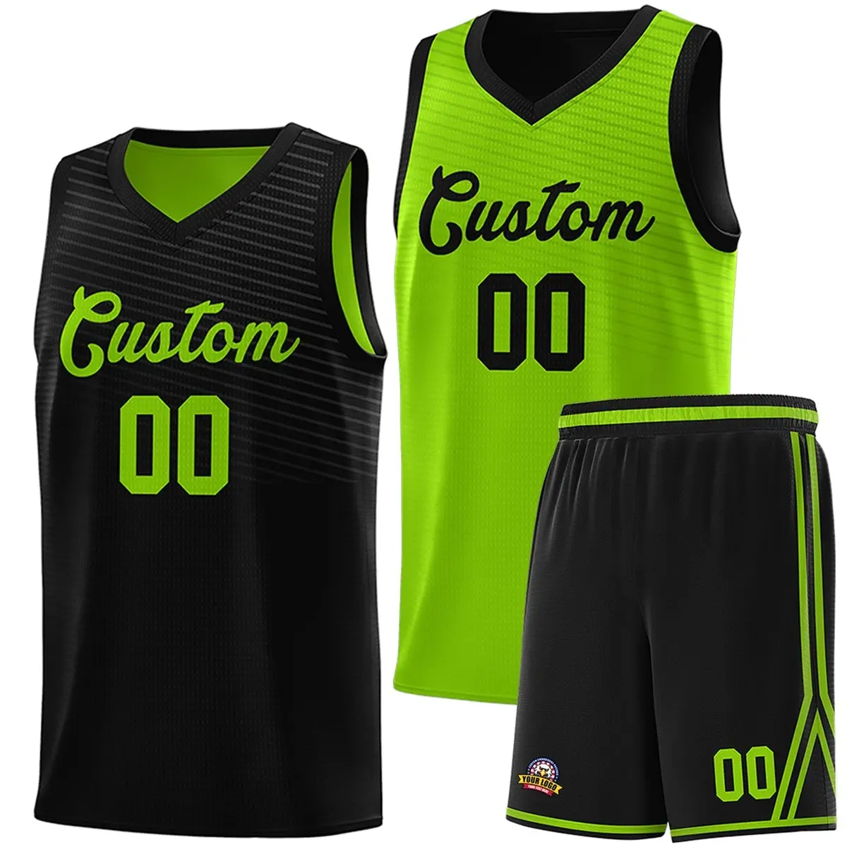 Black Neon Green Chest Slash Pattern Double Side Basketball Jersey