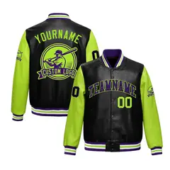 Black Neon Green Faux Leather Letterman Jacket Raglan Full-Snap 1
