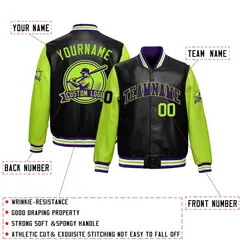 Black Neon Green Faux Leather Letterman Jacket Raglan Full-Snap 2