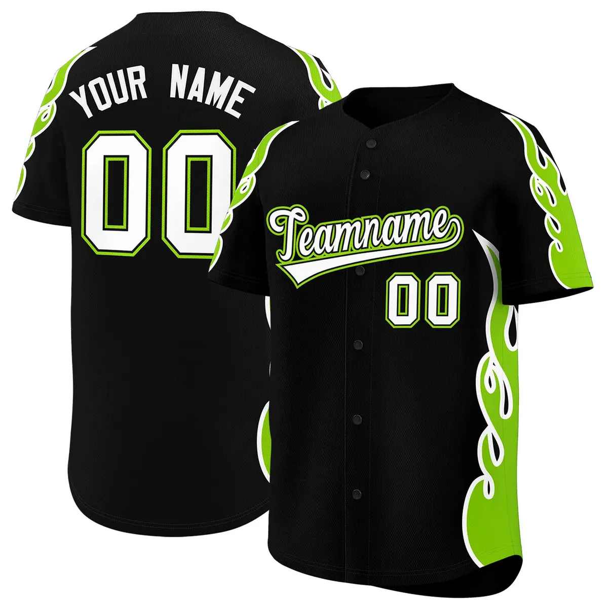 Black Neon Green Flame Outline Baseball Jersey
