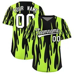 Black Neon Green Flame Pattern Pullover Baseball Jersey