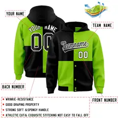 Black Neon Green Four Squares Color Block Varsity Letterman Jacket Hoodie 4