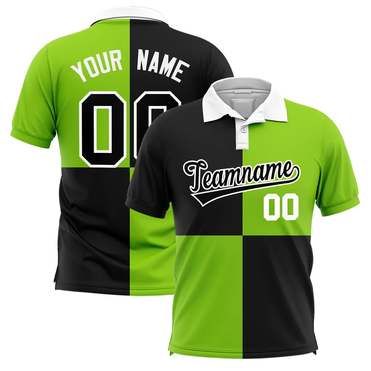 Black Neon Green Four Squares Performance Polo Shirt