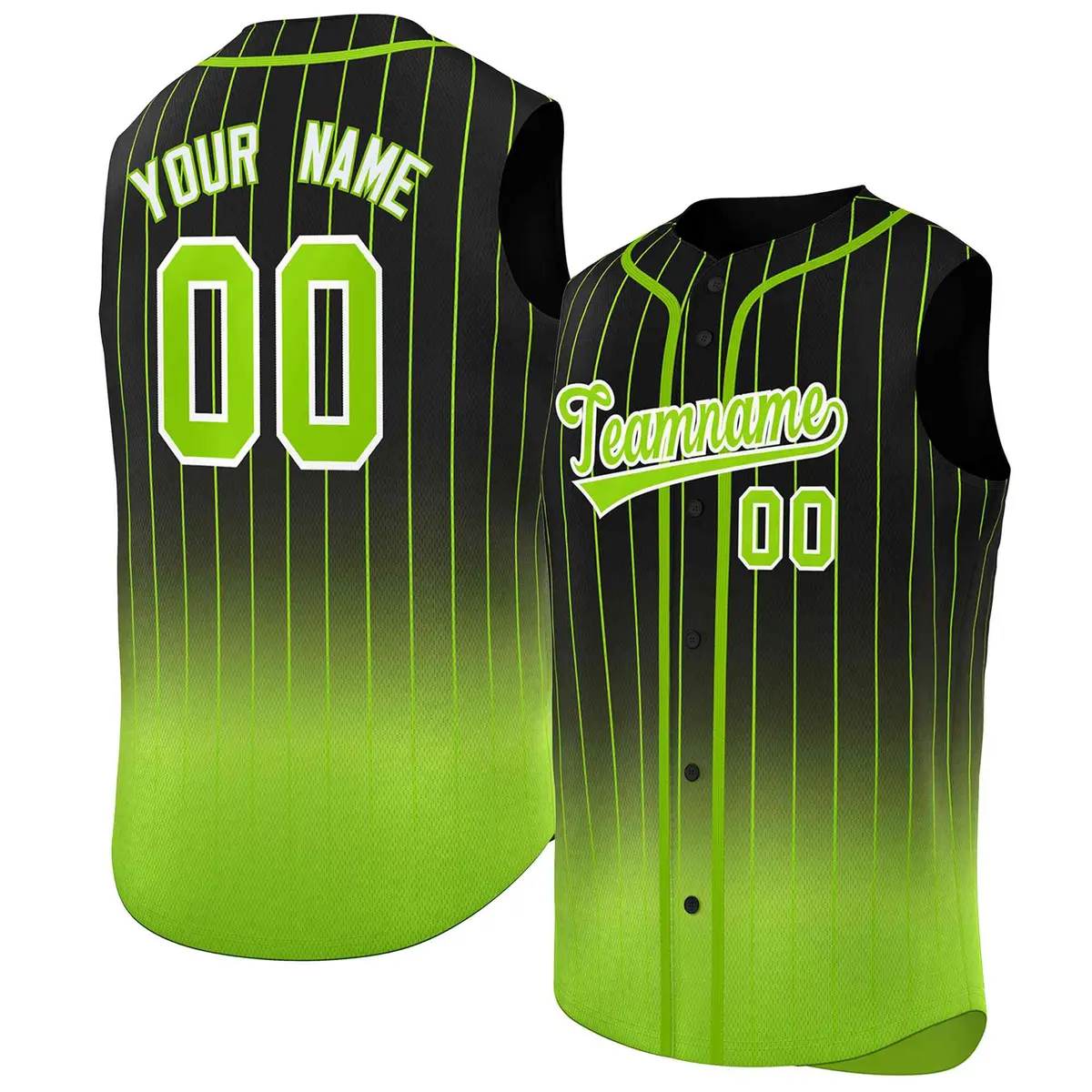 Black Neon Green Gradient Stripe Sleeveless Baseball Jersey