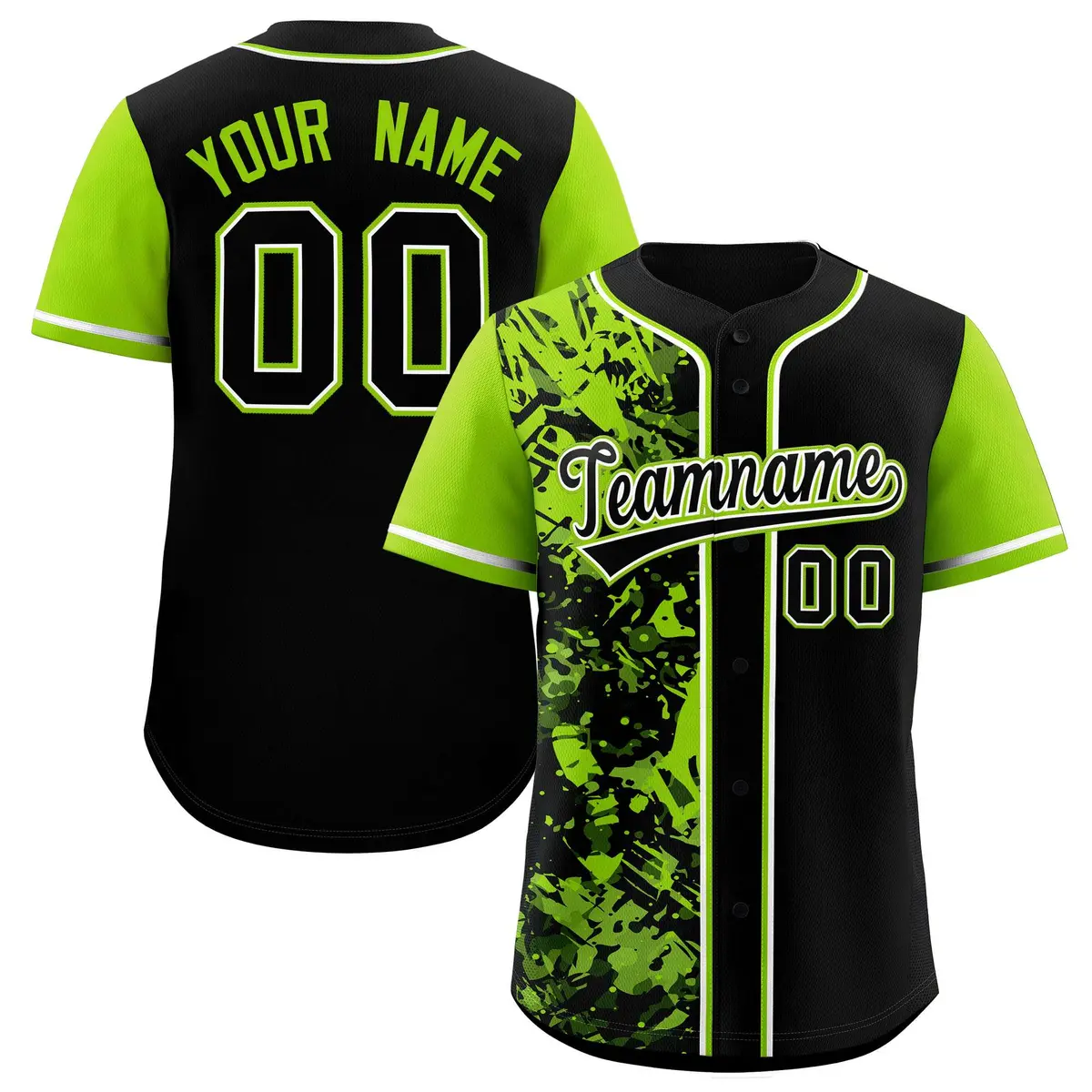 Black Neon Green Graffiti Split Raglan Baseball Jersey