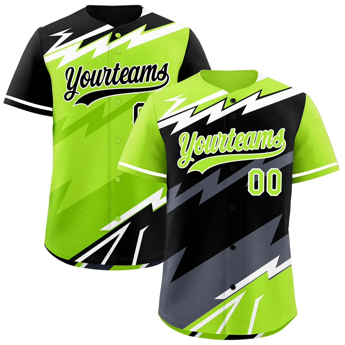 Black Neon Green Gray Reversible Baseball Jersey Lightning & Graffiti Pattern