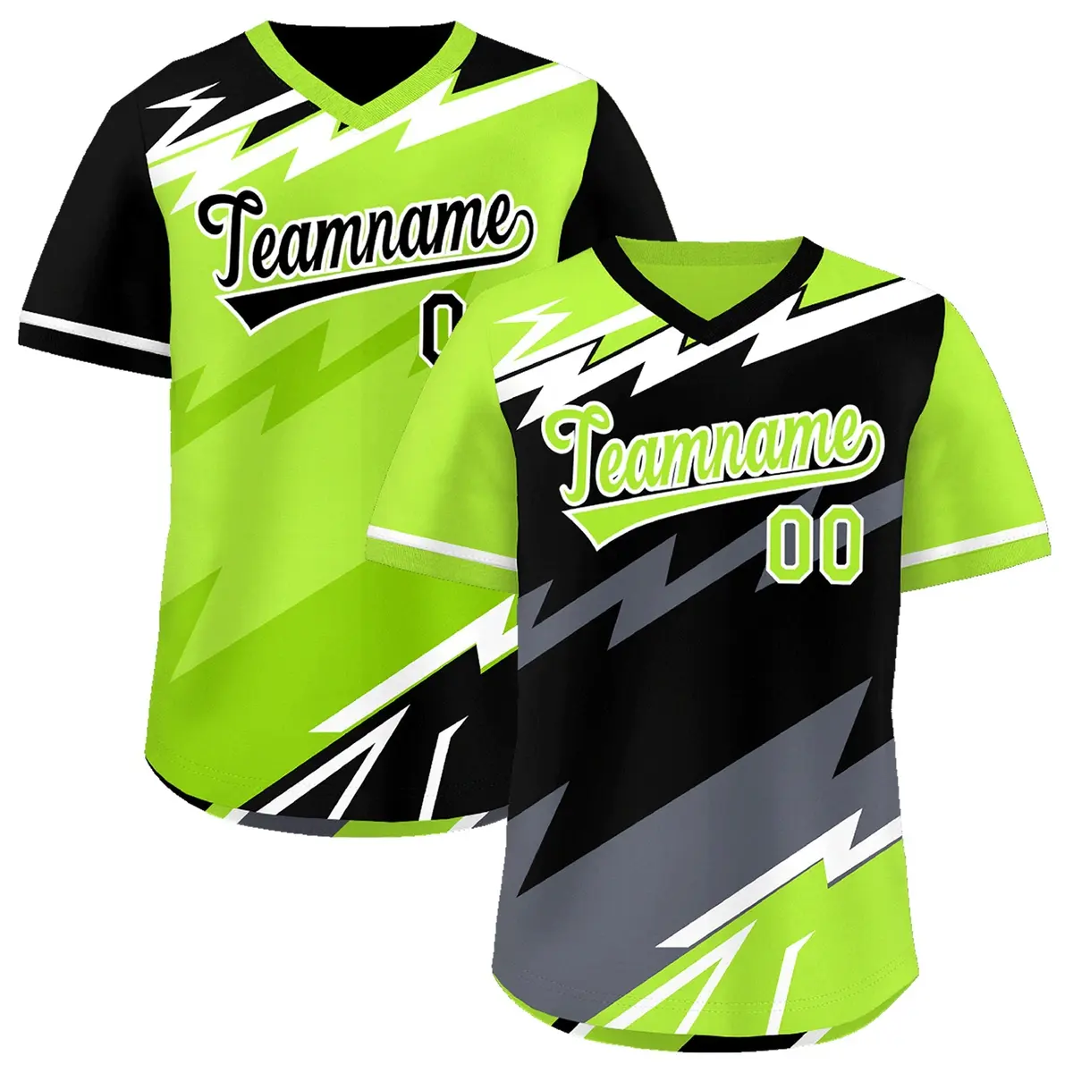 Black Neon Green Gray Reversible Baseball Jersey Lightning & Graffiti Pullover V-Neck