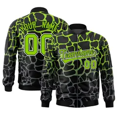 Black Neon Green-Gray Spotted Full-Zip Letterman Bomber Jacket