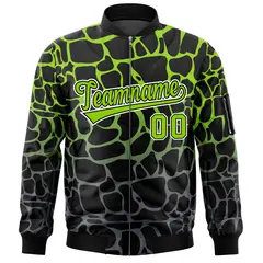 Black Neon Green-Gray Spotted Full-Zip Letterman Bomber Jacket 3