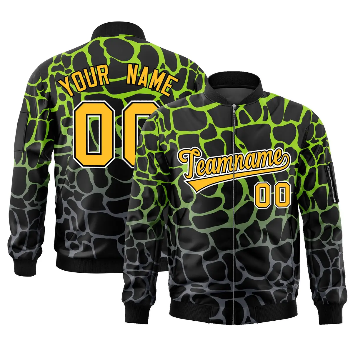 Black Neon Green-Gray Spotted Full-Zip Letterman Bomber Jacket