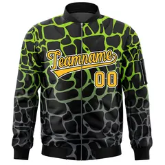 Black Neon Green-Gray Spotted Full-Zip Letterman Bomber Jacket 3