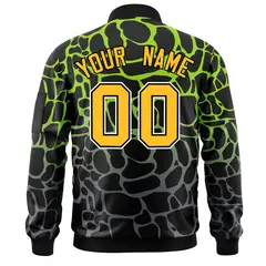 Black Neon Green-Gray Spotted Full-Zip Letterman Bomber Jacket 4