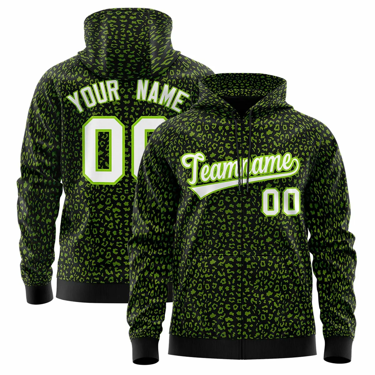 Black Neon Green Leopard Print Varsity Full-Zip Letterman Jacket Hoodie
