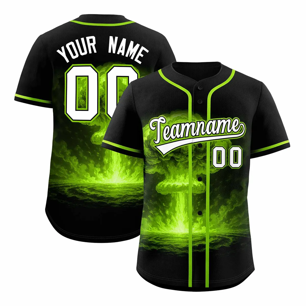 Black Neon Green Nuclear Blast Graffiti Full Button Baseball Jersey