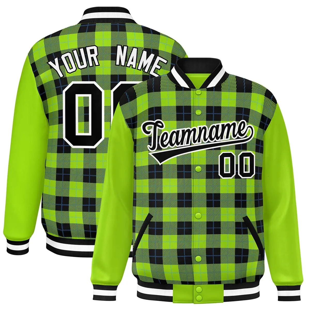 Black Neon Green-Powder Blue Plaid Varsity Full-Snap Letterman Jacket