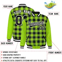 Black Neon Green-Powder Blue Plaid Varsity Full-Snap Letterman Jacket 2