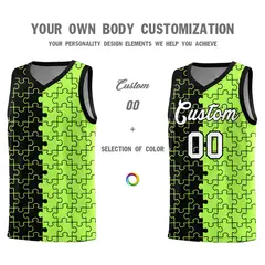Black Neon Green Puzzle Pattern Splid Basketball Kits 3