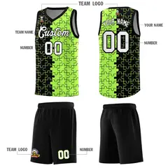 Black Neon Green Puzzle Pattern Splid Basketball Kits 5
