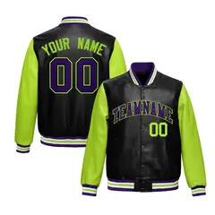 Black Neon Green Raglan Full-Snap Varsity Faux Leather Letterman Jacket