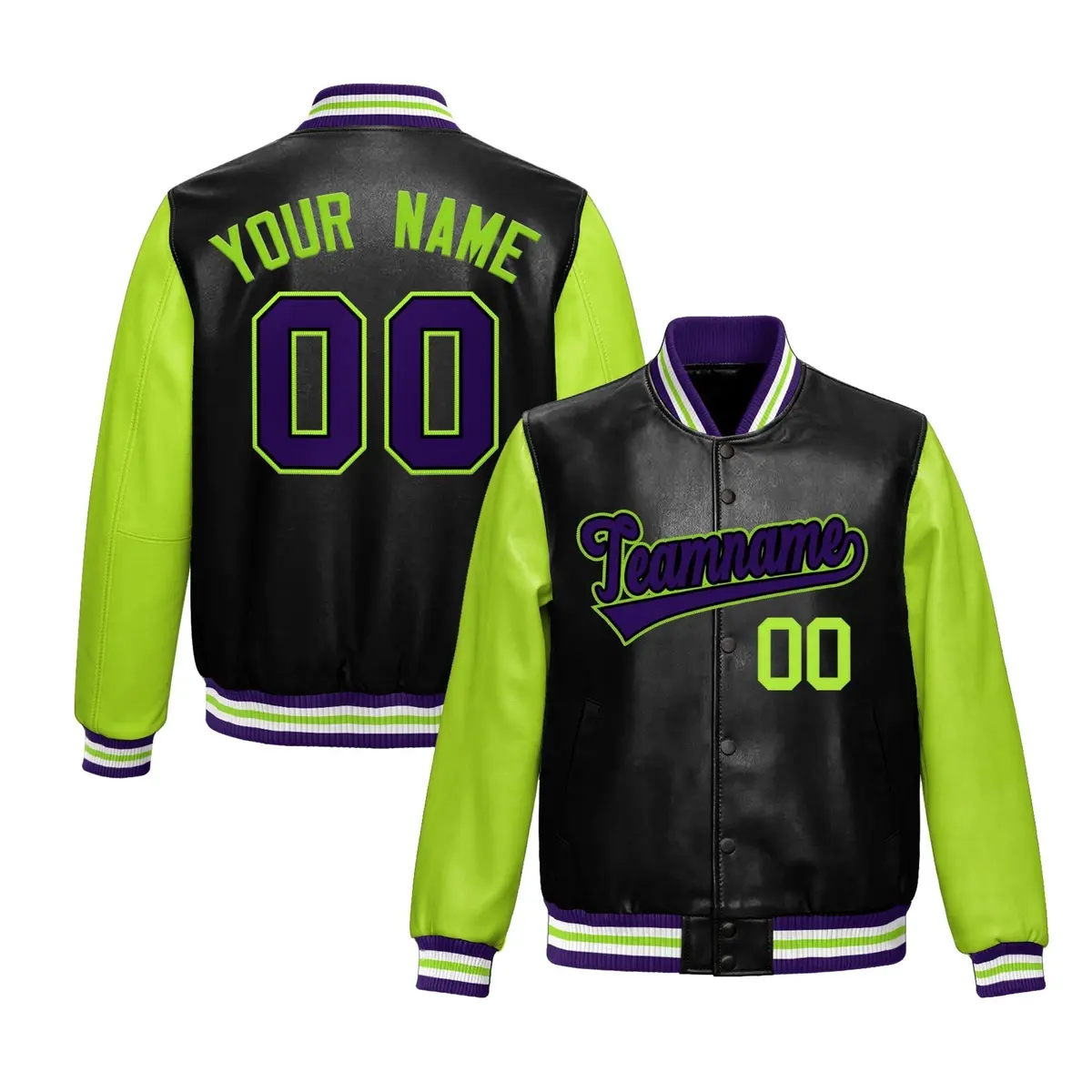 Black Neon Green Raglan Full-Snap Varsity Faux Leather Letterman Jacket