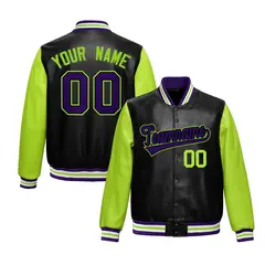 Black Neon Green Raglan Full-Snap Varsity Faux Leather Letterman Jacket 1