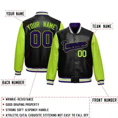 Black Neon Green Raglan Full-Snap Varsity Faux Leather Letterman Jacket 2