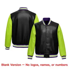 Black Neon Green Raglan Full-Snap Varsity Faux Leather Letterman Jacket 6