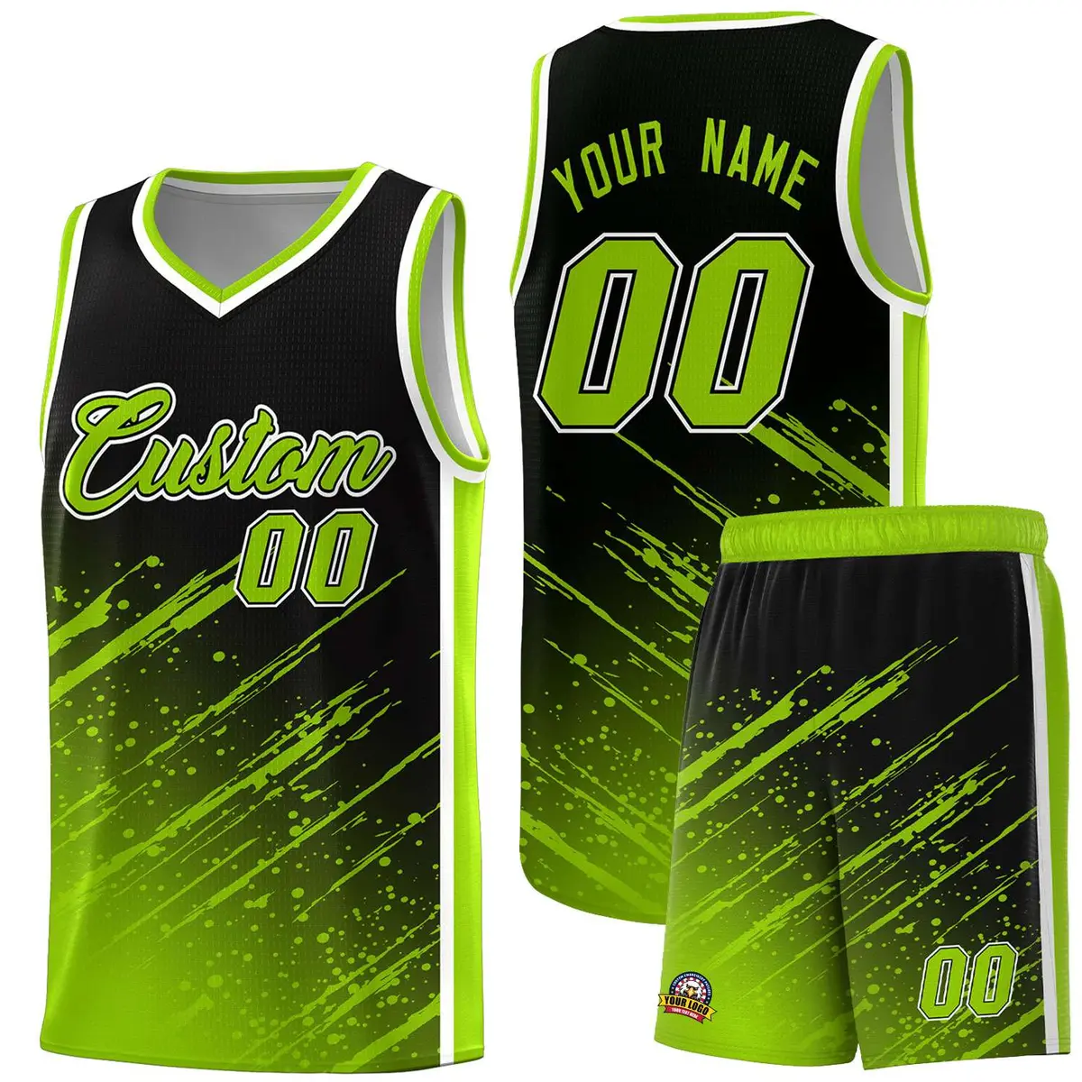 Black Neon Green Splash Basketball Uniforms for Summer Camp