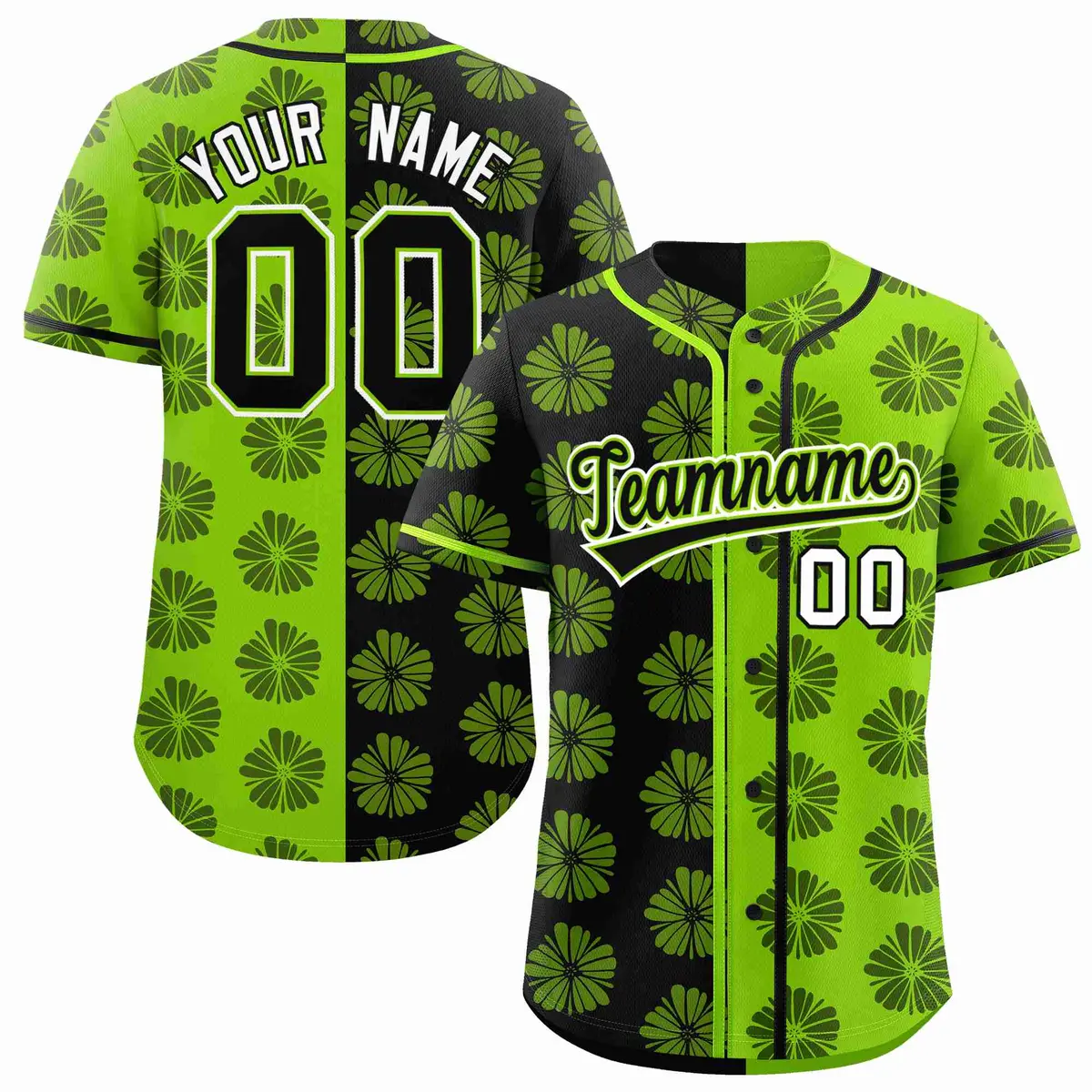 Black Neon Green Split Flower Graffiti Baseball Jersey