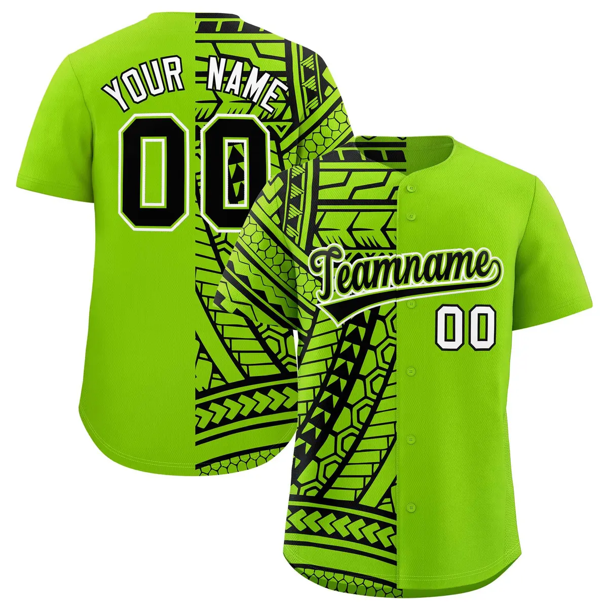 Black Neon Green Split Tribal Baseball Jersey