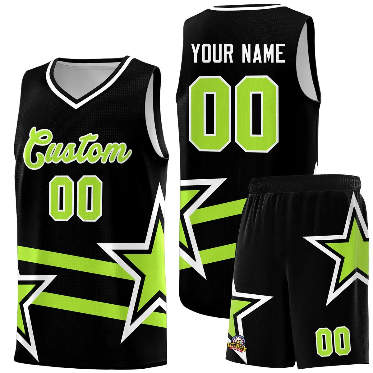 Black Neon Green Star Pattern Double Lines Basketball Kits