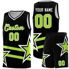 Black Neon Green Star Pattern Double Lines Basketball Kits 1