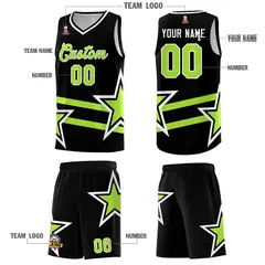 Black Neon Green Star Pattern Double Lines Basketball Kits 5