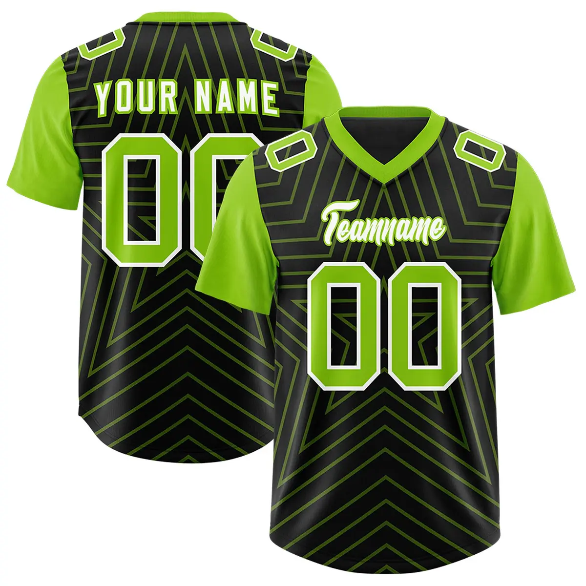 Black Neon Green Star Pattern Raglan Football Jersey