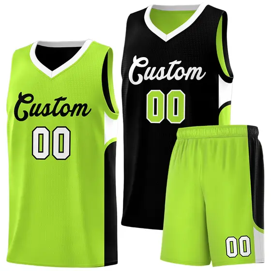 Black Neon Green U-shaped Side Pattern Double Side Basketball Jersey