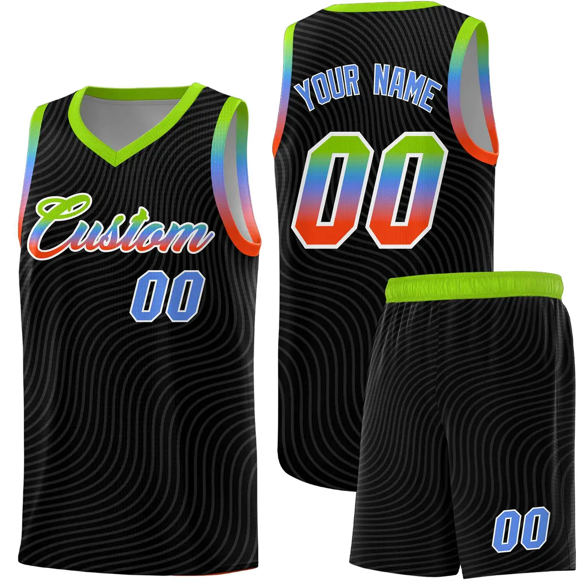 Black Neon Green Wave Pattern Basketball Jersey