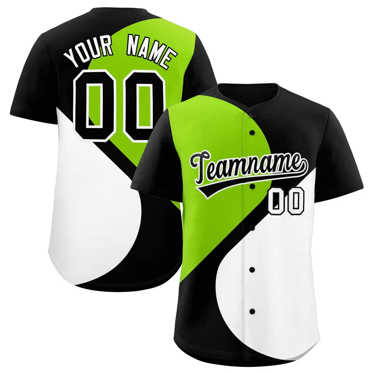 Black Neon Green-White Color Block Half Heart Baseball Jersey