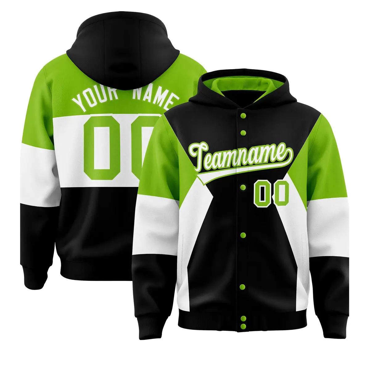 Black Neon Green-White Color Block Varsity Letterman Jacket Hoodie