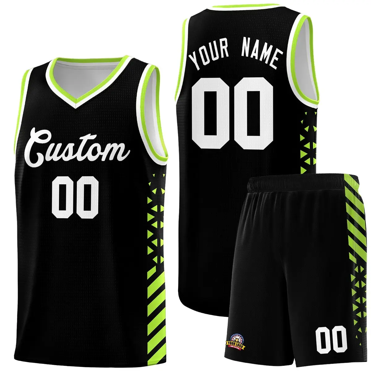 Black Neon Green White Diamond Stripe Side Basketball Jersey