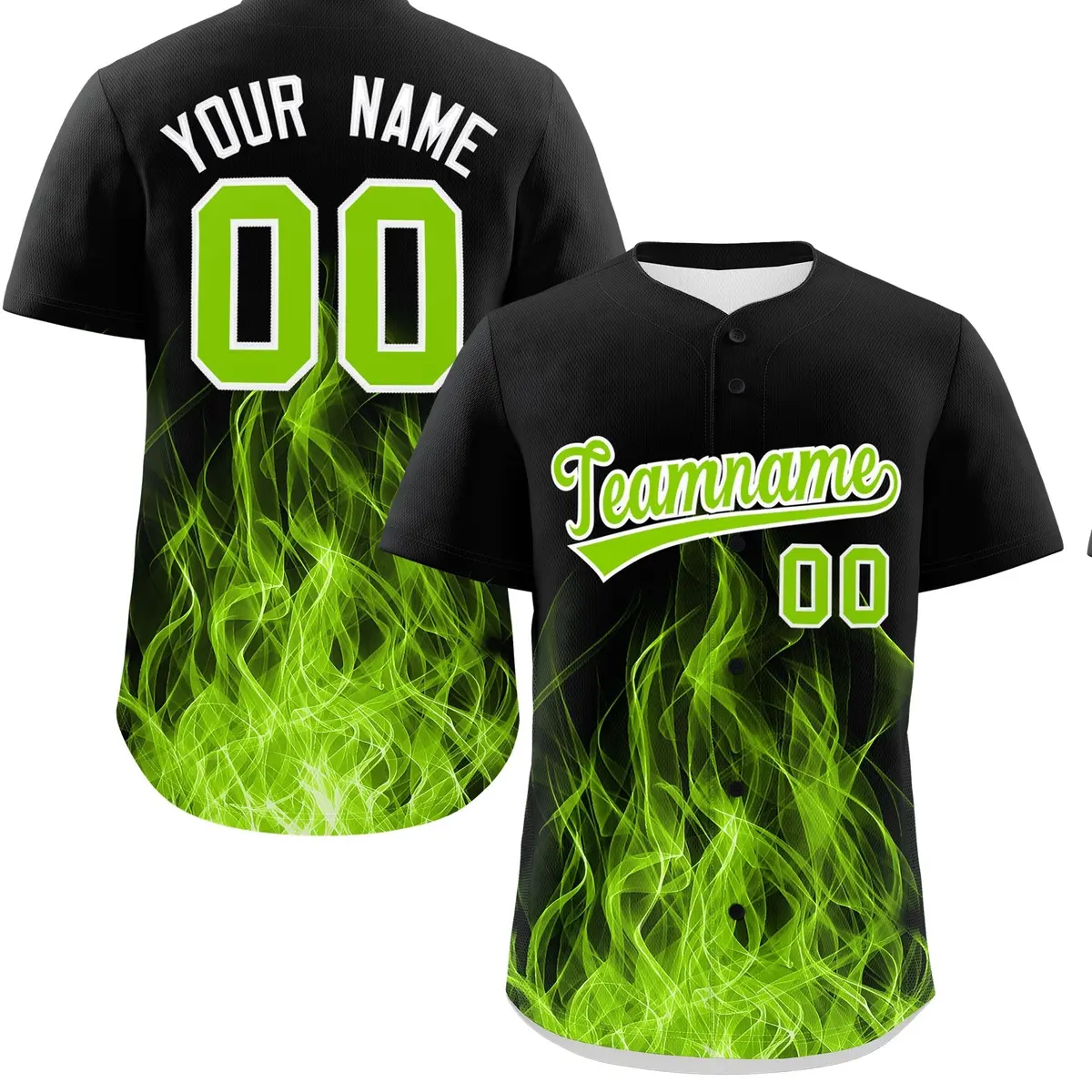 Black Neon Green White Flame Graffiti Baseball Jersey