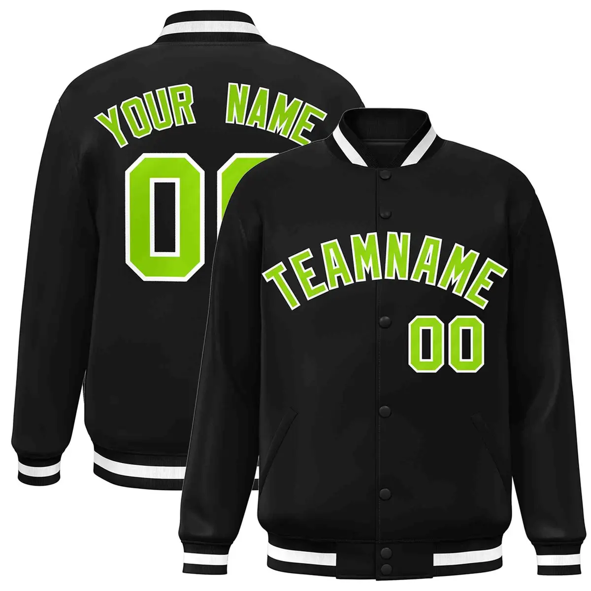 Black Neon Green-White Varsity Full-Snap Letterman Jacket