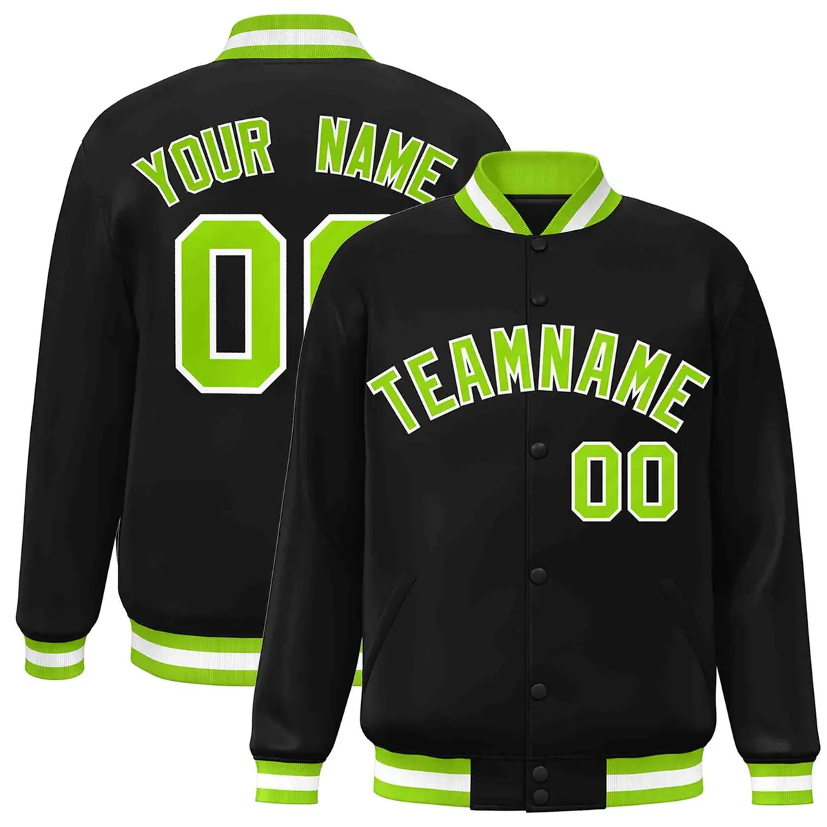 Black Neon Green-White Varsity Full-Snap Letterman Jacket