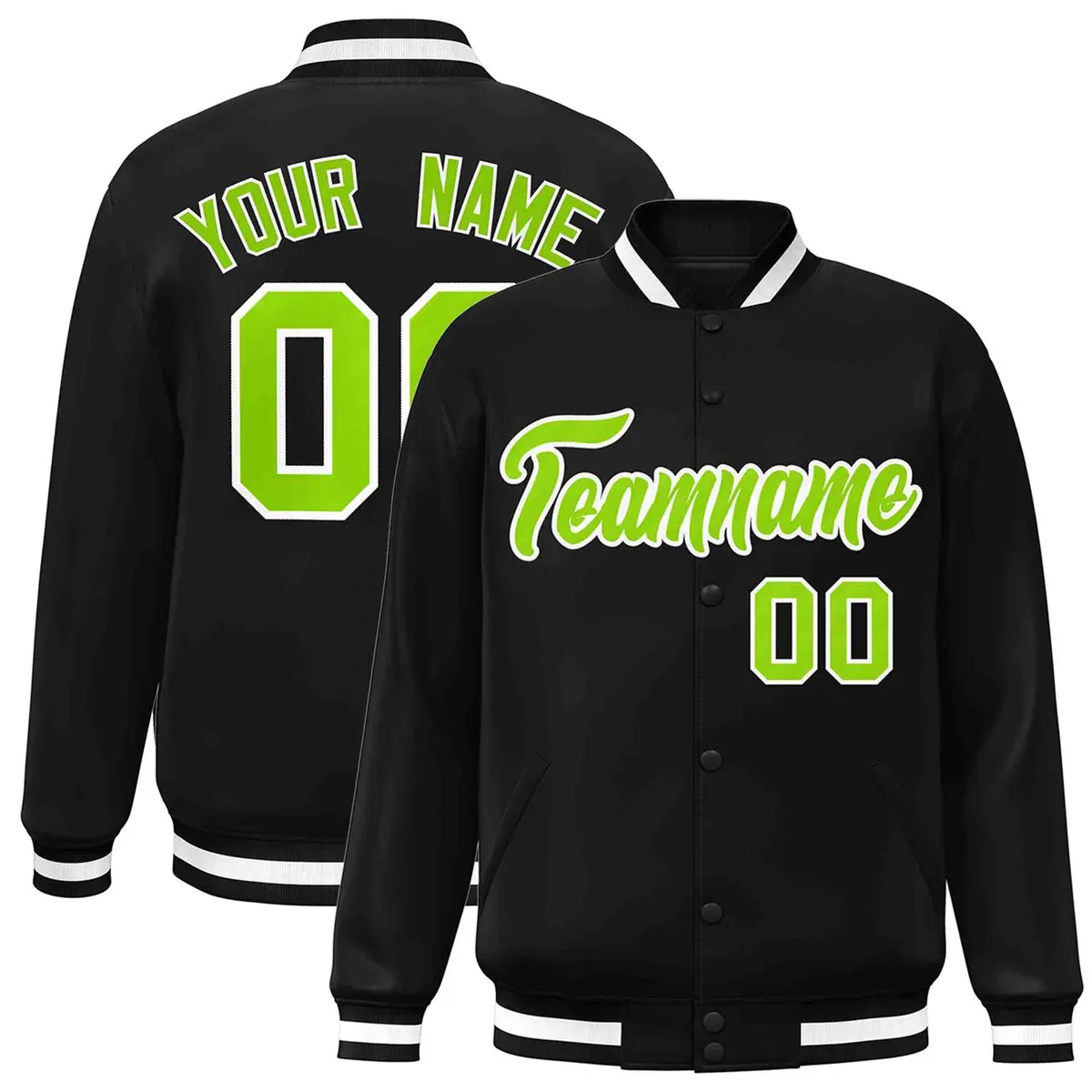 Black Neon Green-White Varsity Full-Snap Letterman Jacket