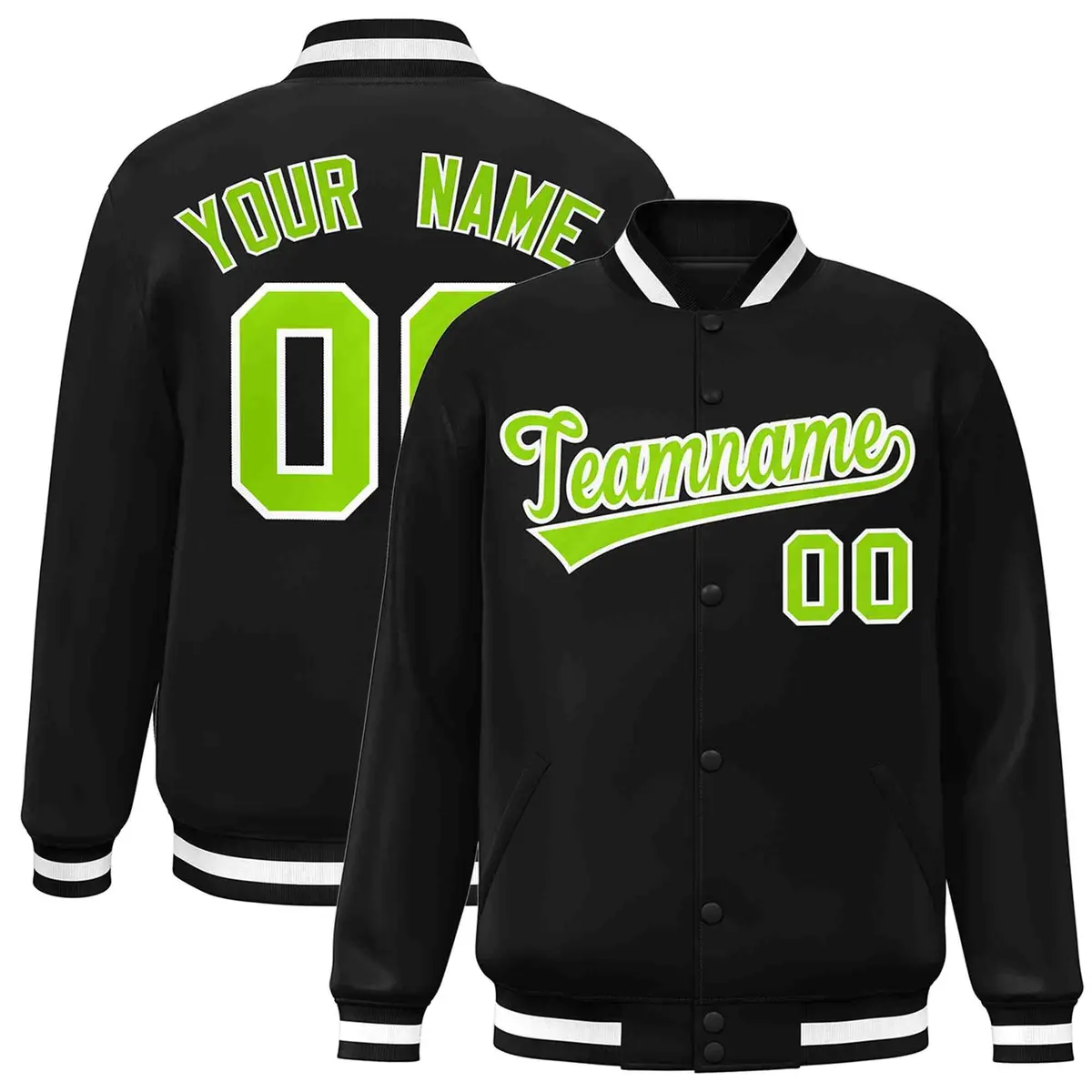 Black Neon Green-White Varsity Full-Snap Letterman Jacket
