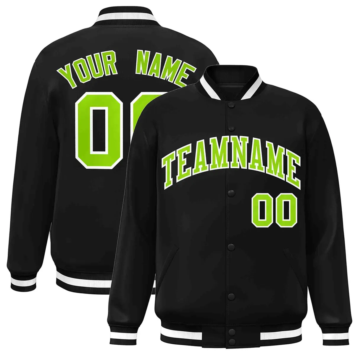 Black Neon Green-White Varsity Full-Snap Letterman Jacket